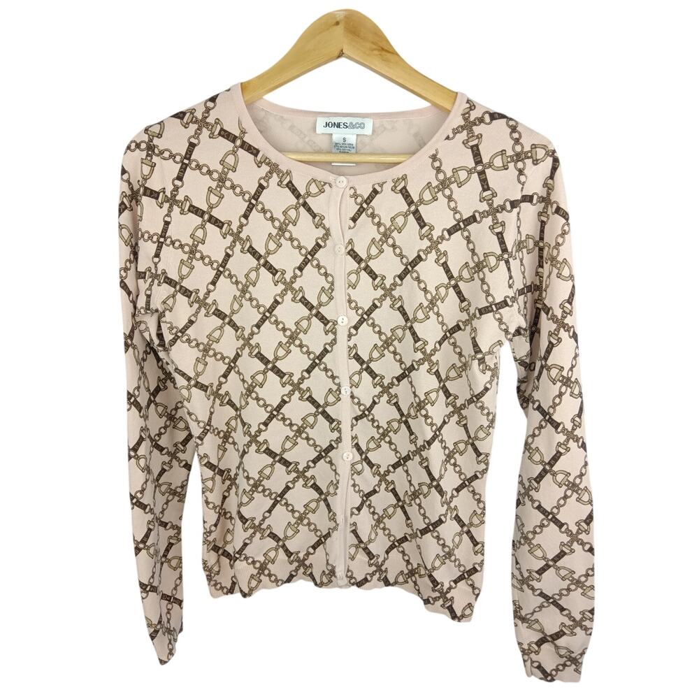 Jones & Co Blush Pink Equestrian Print Stirrup Bridle Bit Silk Blend Cardigan